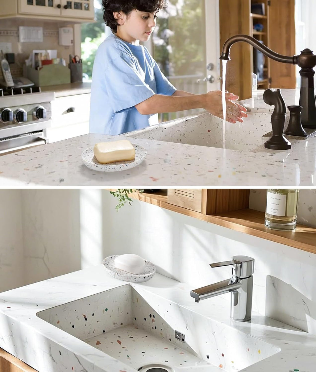 Luxspire Soap Dish, Resin Soap Tray Soap Holder Container Box, Oval Soap Plate Case, Non-Slip, Multi-Purpose Soap Holder, Bathroom & Kitchen Countertop, Terrazzo