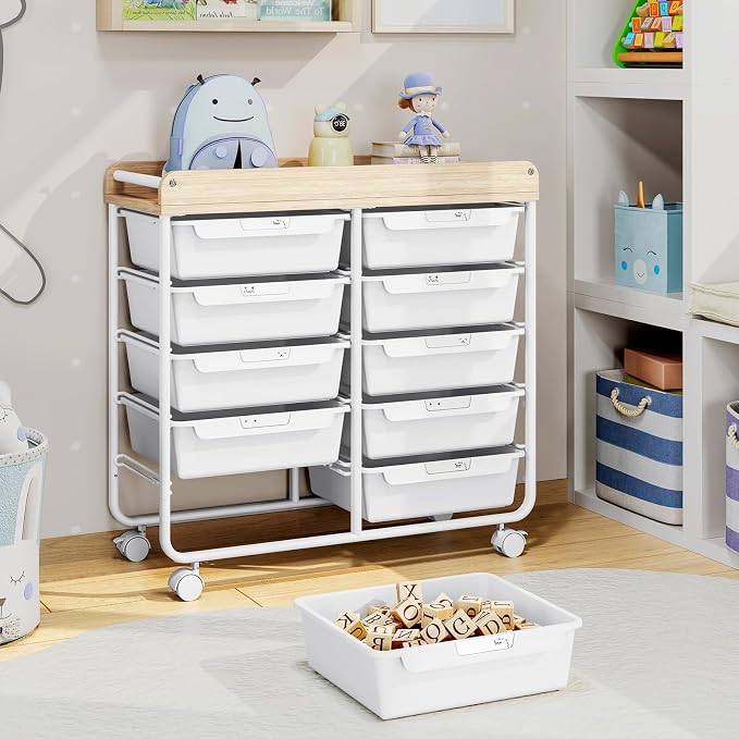10 Drawers Rolling Cart with Wooden Tabletop, Utility Storage Cart with Wheels - Image 2
