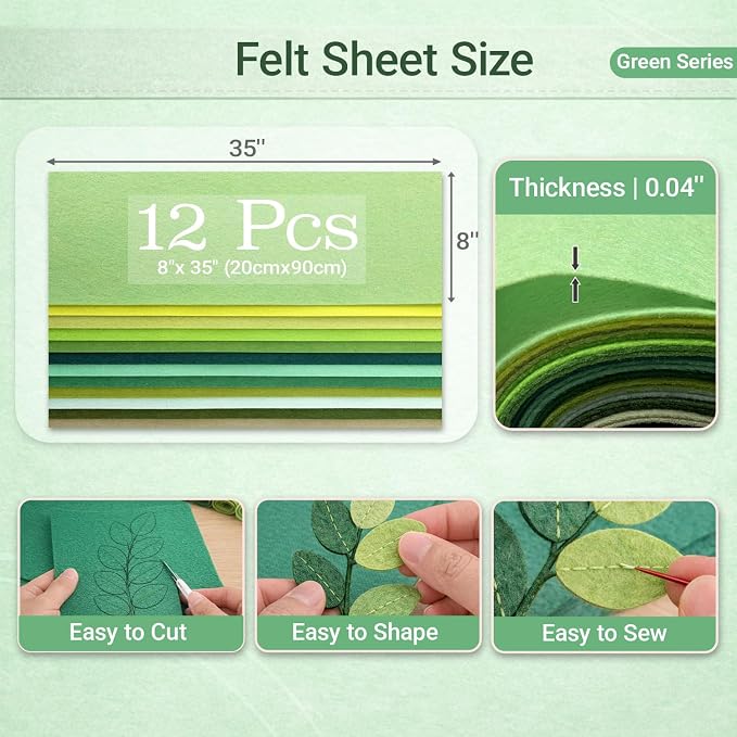 Large Stiff Felt Sheets 8"x35" – 12 Assorted Colors Felt Fabric Bundle Pack - Image 3