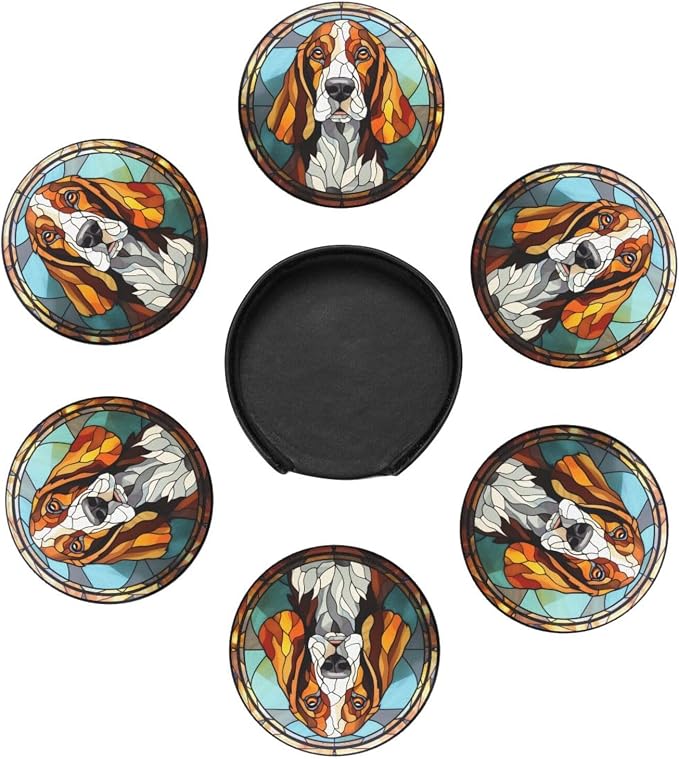 Drink Coaster Set of 6, Basset Hound Dog Mom Lover Gift, Leather Drink Coasters - Image 4