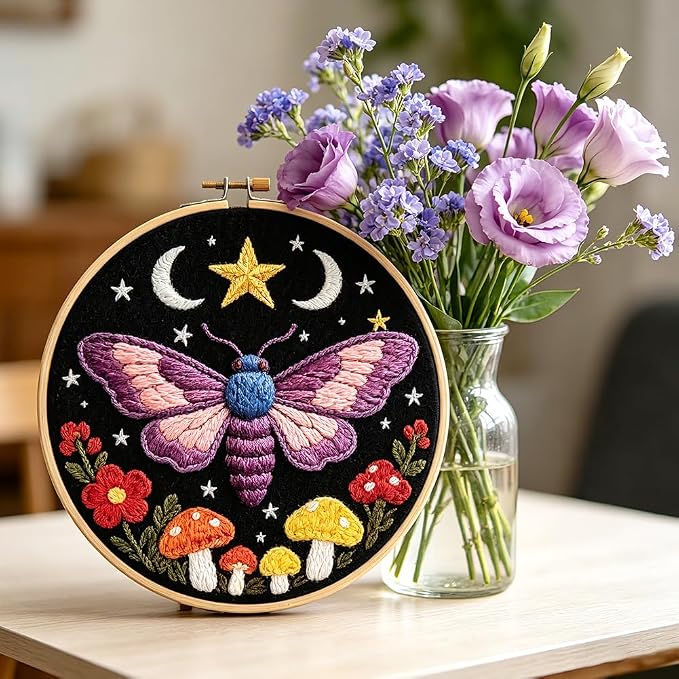 INFUNLY 2 Pcs Moth Punch Needle Embroidery Kit 8.7 Inch Round Punch Needle - Image 5