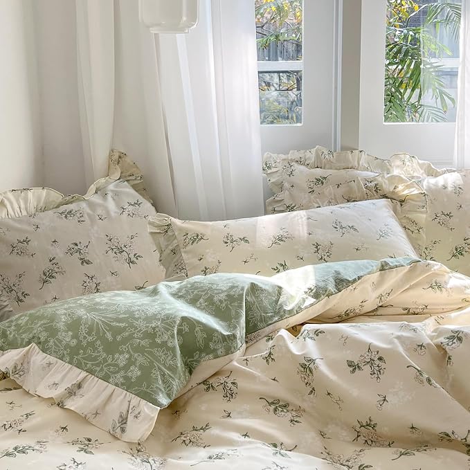 MKXI Botanical Floral Duvet Cover Queen Beige Girls Ruffled Bedding Set - Image 4