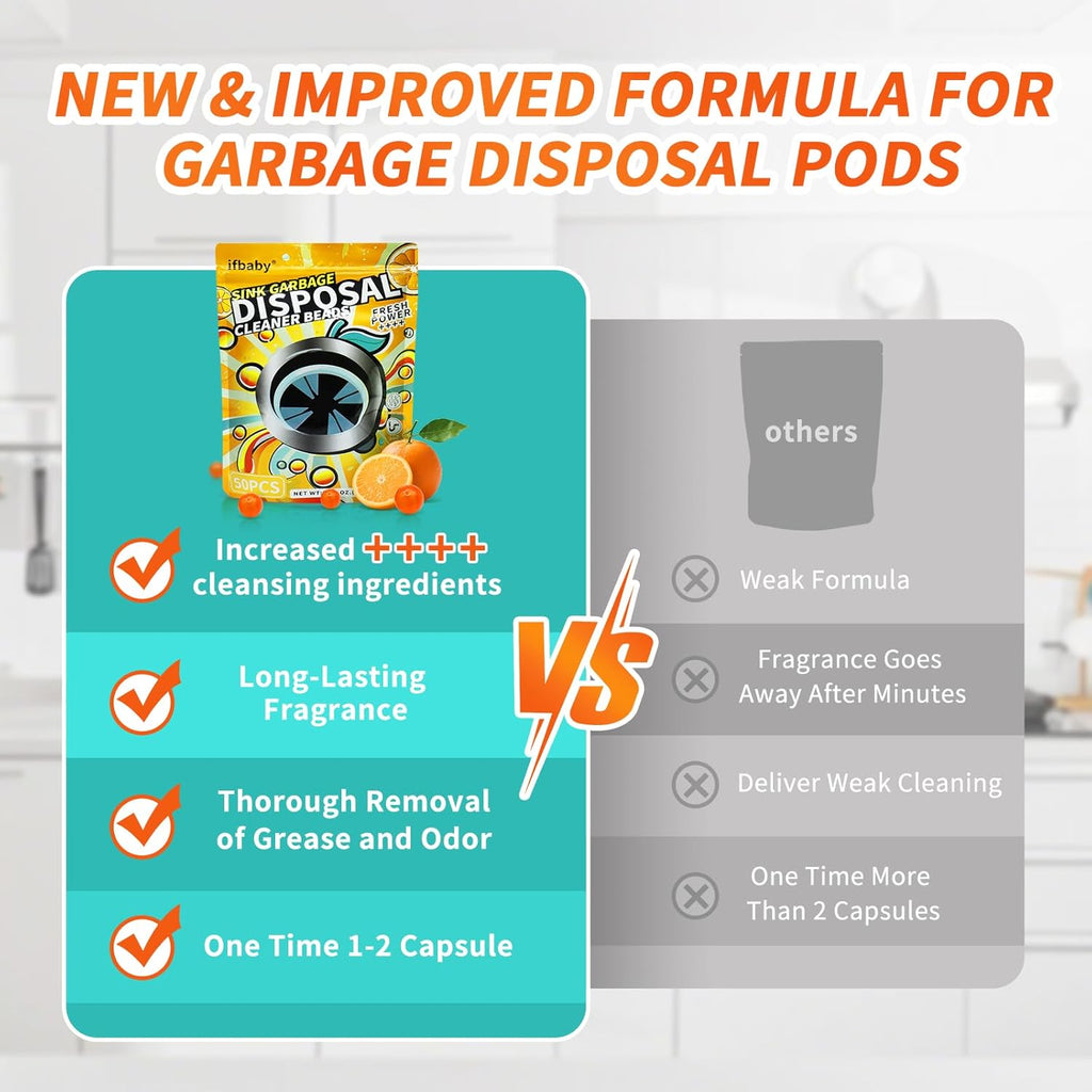 50 Count Garbage Disposal Cleaner and Deodorizer – Sink Odor Eliminator, New Powerful XL Sink Drain Freshener Pods | Dissolves Grease, Eliminates Odors, Orange Zest Scent (Orange)