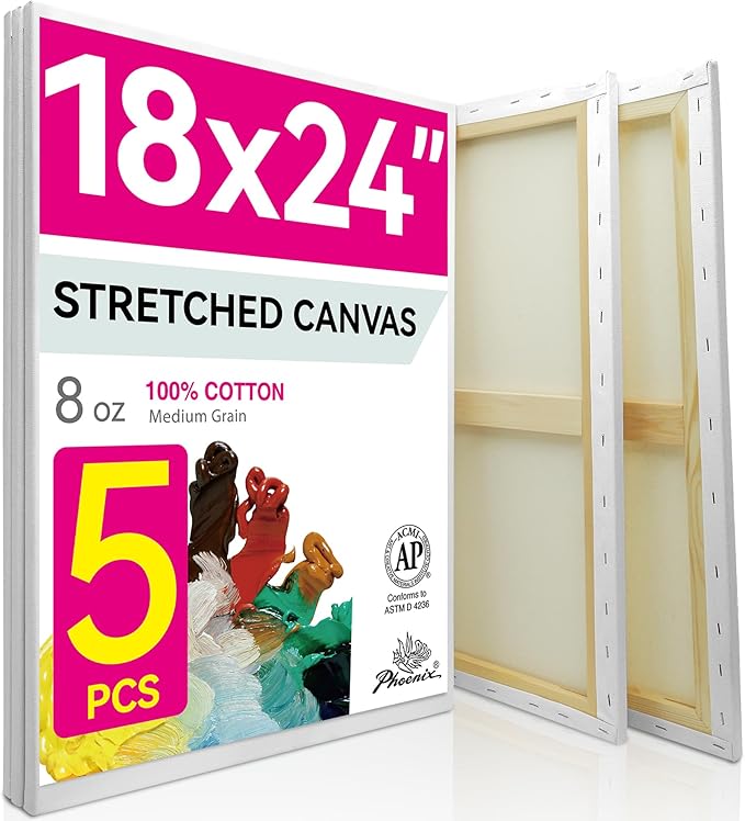 PHOENIX Large Stretched Canvas for Painting 18x24 Inch/5 Value Pack, 8 Oz by PHOENIX