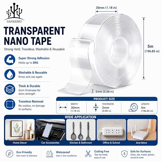 SANKEMU Double-Sided Tape Heavy Duty 16.5 FT x 1.18 in – Clear Removable - Image 2