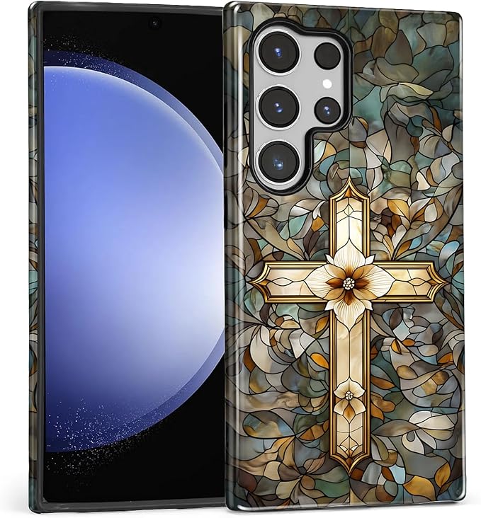 for Samsung Galaxy S24 Ultra Case, Christian Cross Stained Glass Pattern Glossy - Image 2