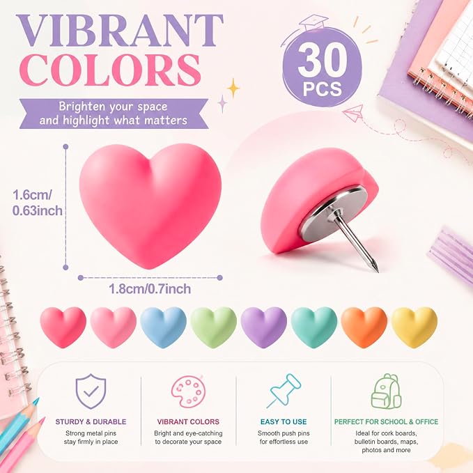 Epakh 30 Pcs Pastel Heart Thumb Tacks Decorative Pastel Heart Push Pins - Image 2