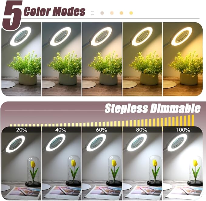 10X Magnifying Glass with Light and Stand, 5 Color Modes Stepless Dimmable LED - Image 3