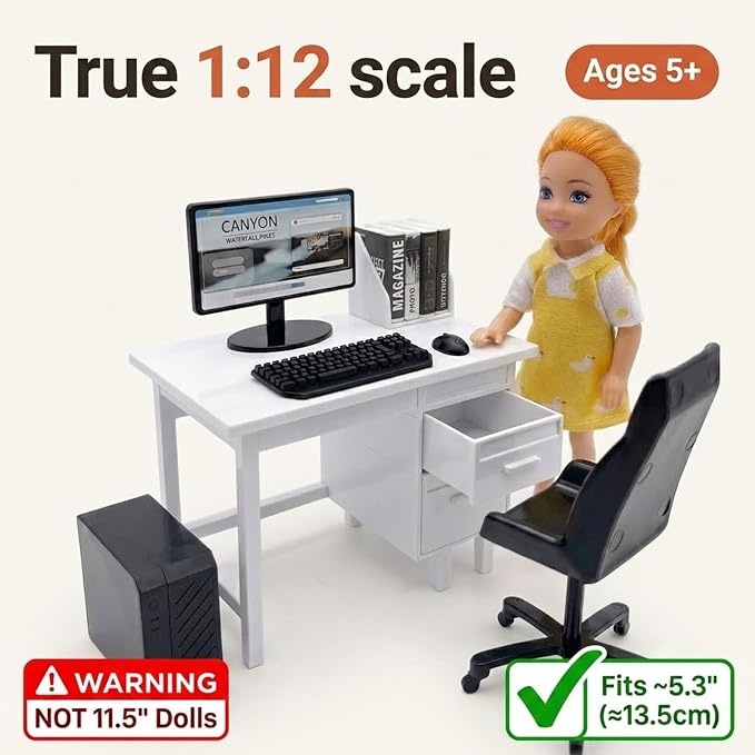 1:12 Scale Miniature Computer Desk & Chair Set – Dollhouse Office Furniture - Image 3