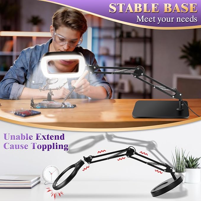 10X 30X Magnifying Glass with Light and Stand, Large Desk Lamp Magnifiers | - Image 3