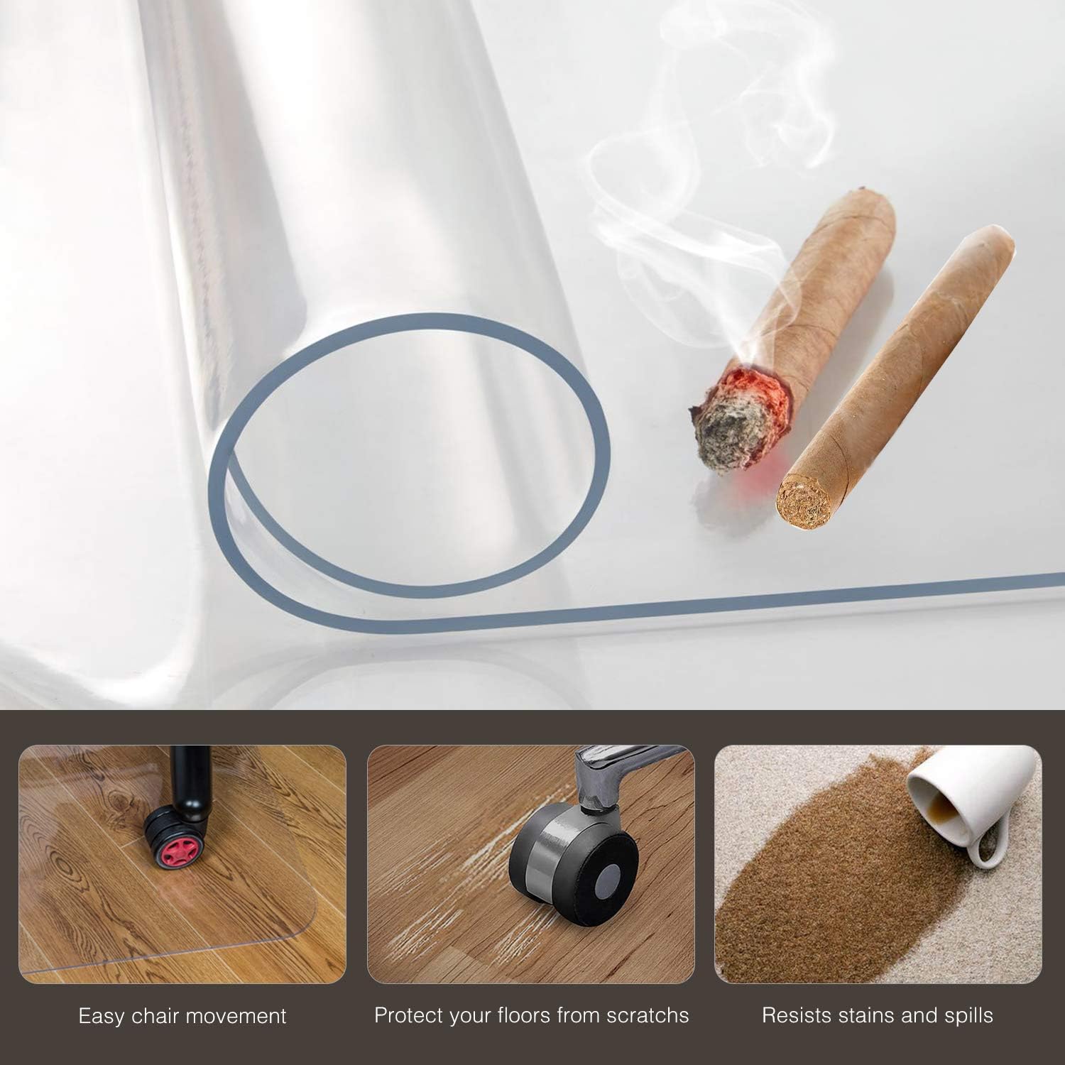 Office Chair Mat for Hardwood Floor, 1/8" Thick 53"x 45" Crystal Clear Hard Floor Chair Mat, Transparent Floor Protector Mat Flat Without Curling