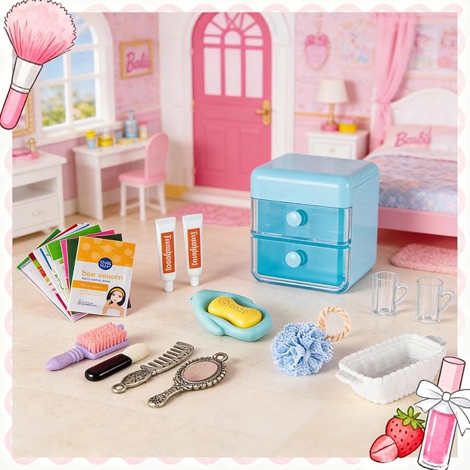 72Pcs Dollhouse Mini Jewelry Storage Case Handbag Towel Cosmetic Set Bathroom - Image 7