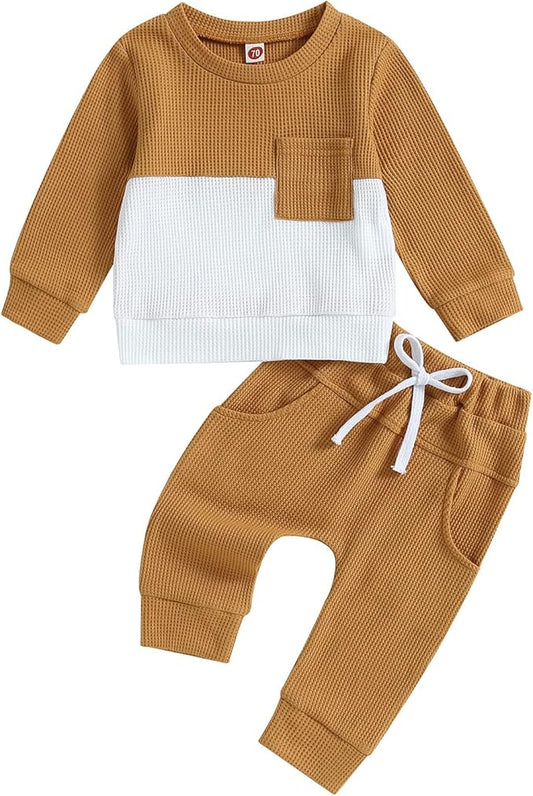 Toddler Baby Boy Fall Clothes Waffle Contrast Color Sweatshirt Pants Sets Infant Winter Outfits 6 12 18 24 Months