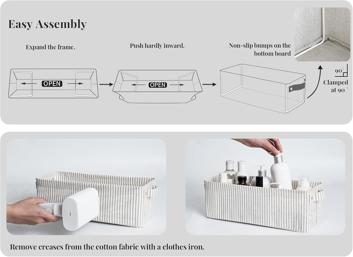 StorageWorks Narrow Storage Bins, Small Basket for Closet and Shelves, Fabric Organizer with Handles, Toilet Paper Storage, Khaki and Beige Stripes, 2-Pack