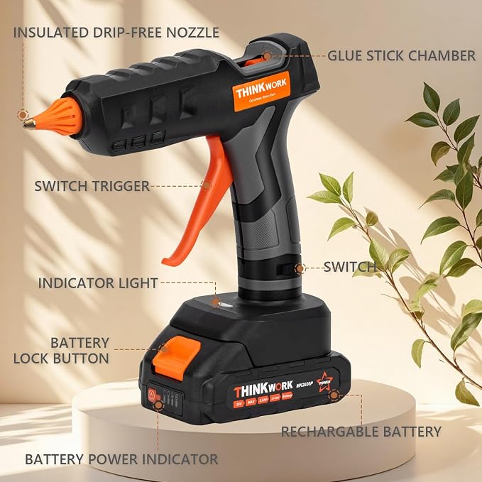 THINKWORK 20V Cordless Hot Glue Gun and Sticks Set, Rechargeable Glue Gun - Image 3