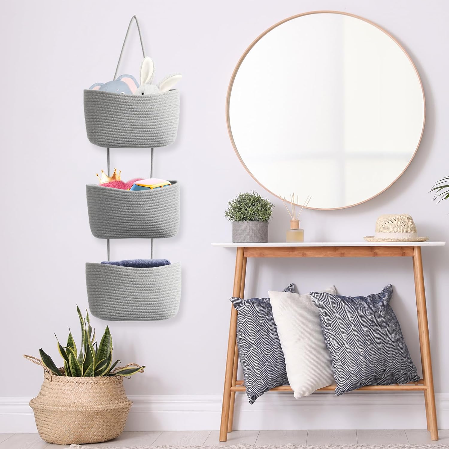 TeoKJ Over the Door Organizer, 3-Tier Woven Cotton Hanging Kitchen Baskets Storage Organizer Bag with Hooks Wall-Mounted Decorative Rope Baskets - Gray