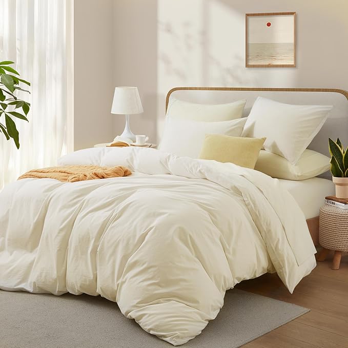 Cream White Cotton Duvet Cover King Size, Linen-Like Natural Bedding Set - Image 2