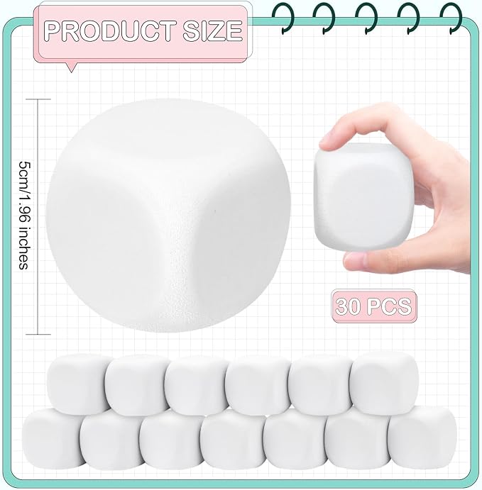 30 PCS White Blank Foam Dice 1.96 Inch EVA Six Sided Dice DIY Craft Supplies - Image 2