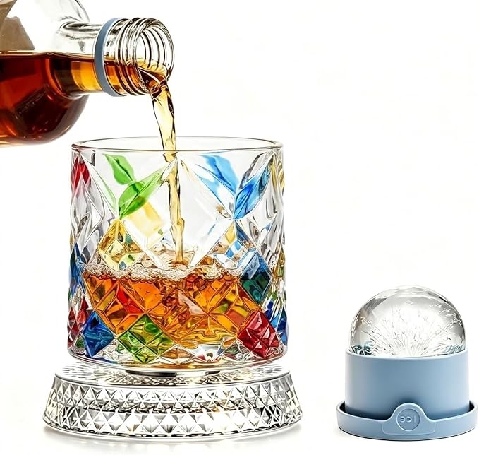 Rotating Whiskey Glass with Large Ice Ball Mold, Single Spinning Crystal by UNOD