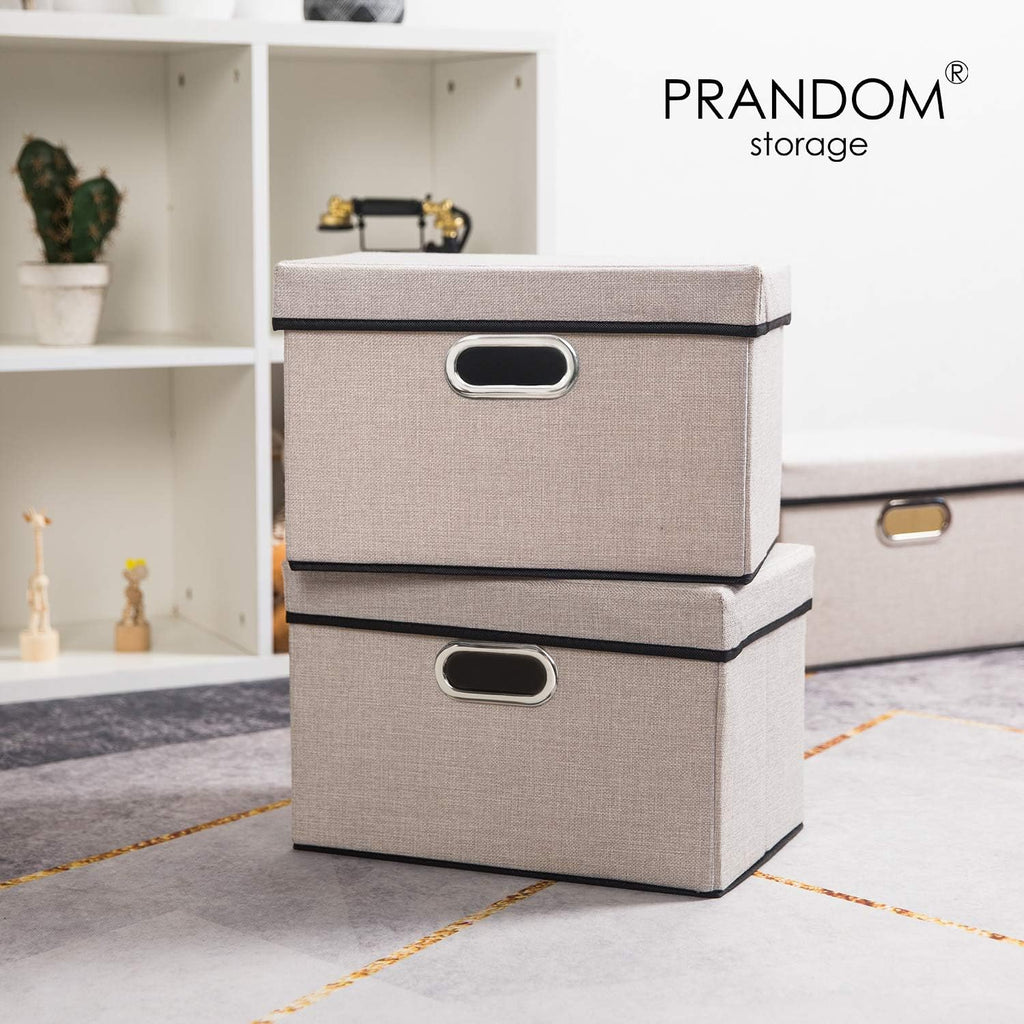 PRANDOM Foldable Storage Bin with Lid [5-Pack] Linen Fabric Decorative Storage Box Organizer Container Basket Cube with Handles Divider for Closet Office Living Room Light Grey(14.9x9.8x9.8)