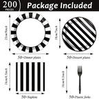 200pcs Black and White Party Plates Napkins Forks Striped Theme Party Tableware - Image 2