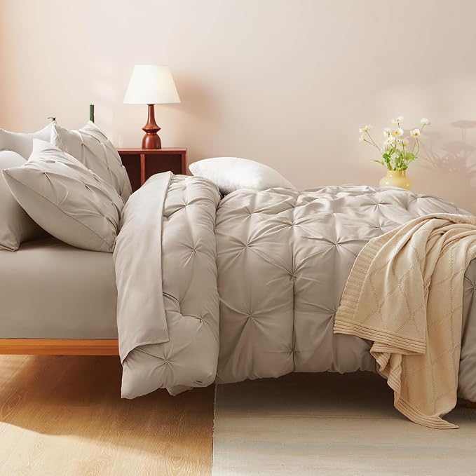 CozyLux Queen Comforter Set Wheat, 7 Pieces Pintuck Bed in A Bag, Premium Wheat - Image 8
