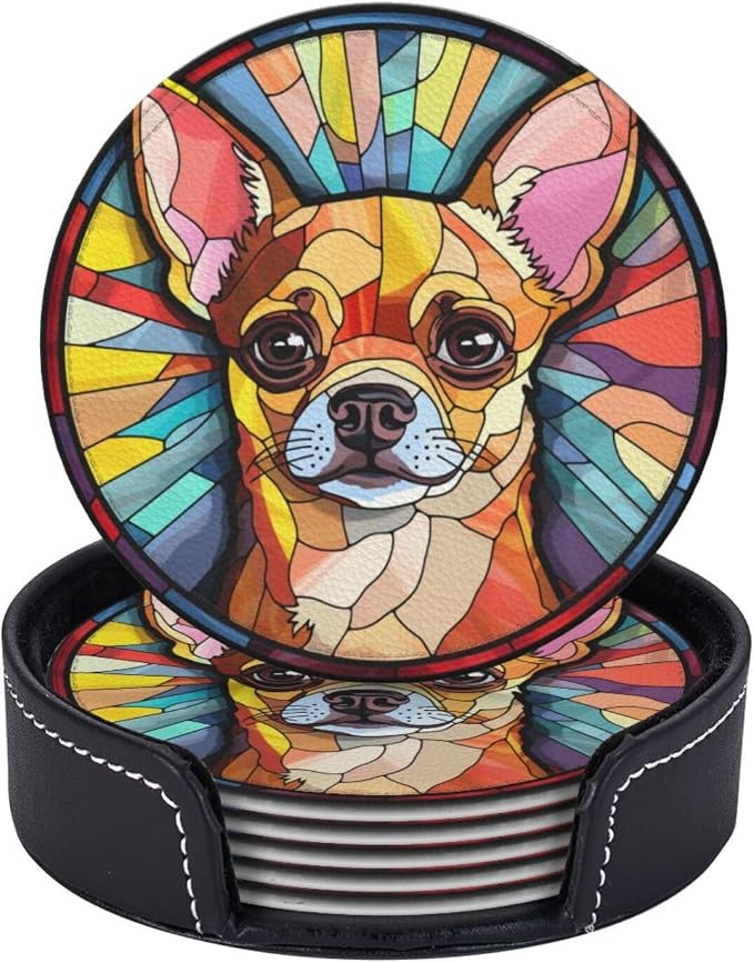 Drink Coaster Set of 6, Chihuahua Dog Mom Lover Gift, Leather Drink Coasters - Image 2