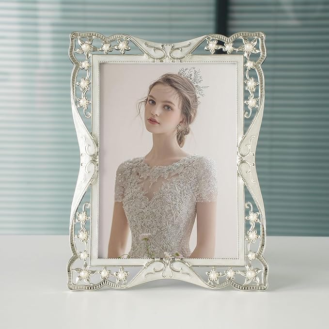 DIKAR Vintage 5x7 Picture Frame, Pearl and Flower Decoration Silver Metal Photo - Image 2