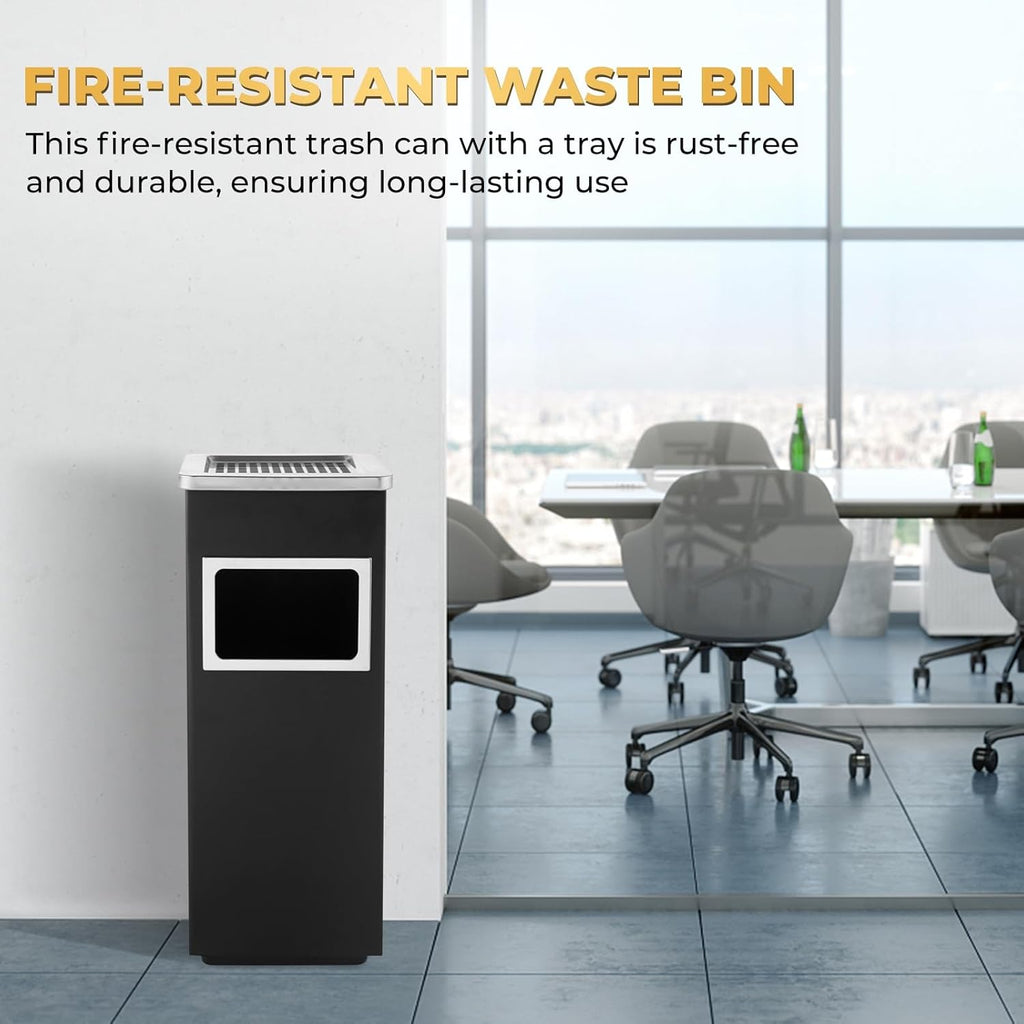 Trash Can Outdoor Waste Container Square Stainless Steel Trash Can with Removable Inner Bucket for Disposal Commercial Waste Container 9.45‘’ x 9.45‘’ x 24.02‘’-Black