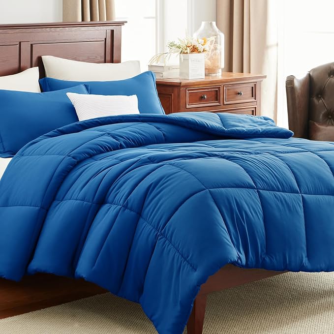 CozyLux Oversized Queen Comforter Set, 3 Pieces Classic Blue 98x98 Box Stitched - Image 9