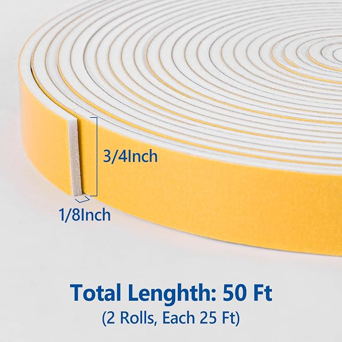 Self-Adhesive Weatherstrip 3/4in x 1/8in x 50Ft High Density Foam Insulation - Image 2