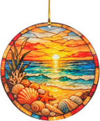 Beach Gifts for Women Acrylic Faux Stained Glass Ornament, Ocean Sunset Coastal by Comasol