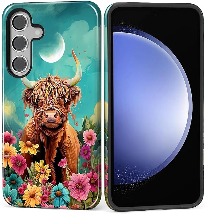for Samsung Galaxy S24 Plus Case, Highland Cow Flower Pattern Glossy 2 in 1 by Teonvpu