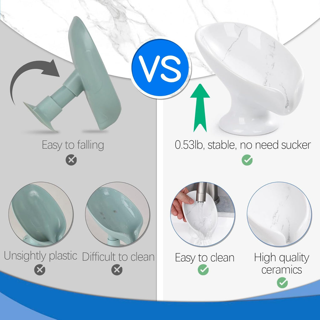 Soap Dish Set, Self Draining Bar Soap Holder for Bathroom Sink, Leaf Shaped Drainage Soap Dish Ceramic Marble Porcelain Decorative Soap Dishes 2PCS, No Suction Cup, ANTIS'S HOME