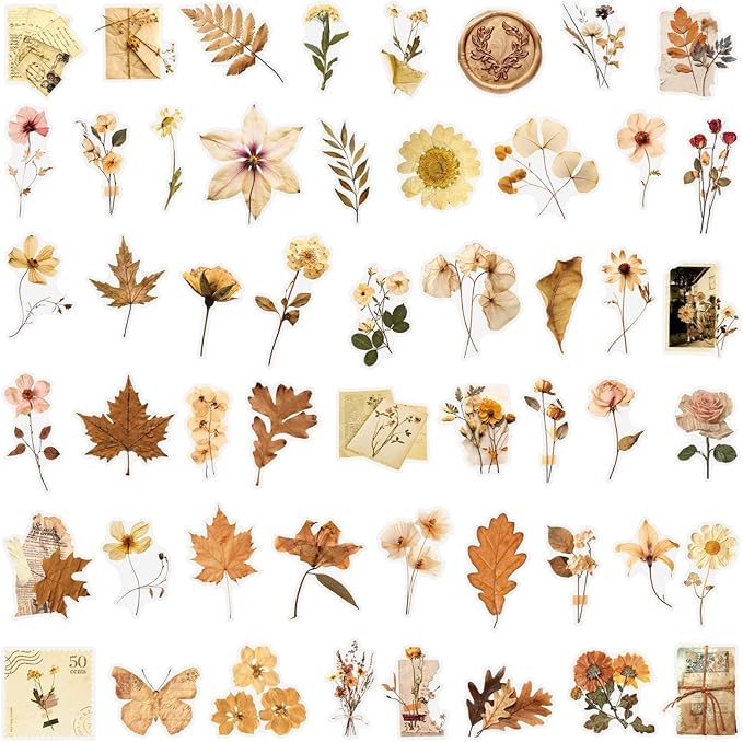 50 Pcs Dried Flower Stickers Aesthetic Autumn PET Transparent Stickers Vintage - Image 2