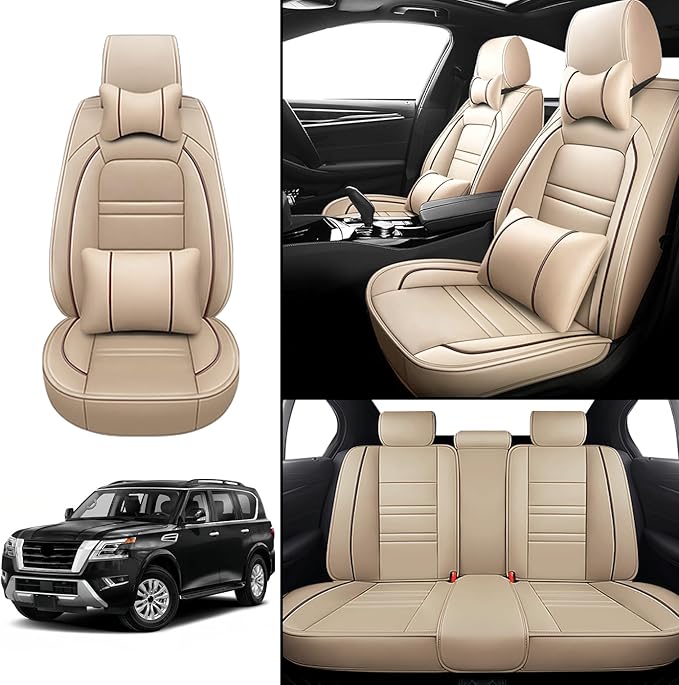 Car Seat Covers for Nissan Car Armada 2004-2024 | 5-Seats Seat Covers, Waterproof Seat Protectors, Automotive Seat Covers (Full Set with Pillow,Beige)