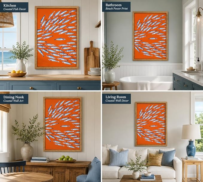 Framed Sardine Fish Canvas Wall Art, Bold Orange Background school Sardines - Image 6