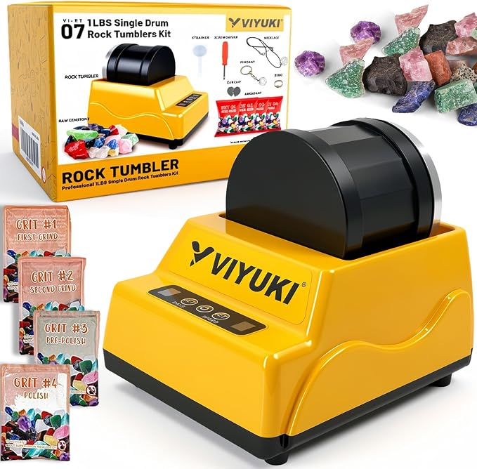 Rock Tumbler Kit Includes Rough Gemstones, 4 Polishing Grits, Jewelry Fastenings by VIYUKI