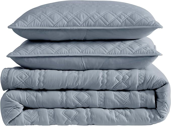 WDCOZY Boho Blue Grey Quilts Queen Size Bedding Sets - Image 7
