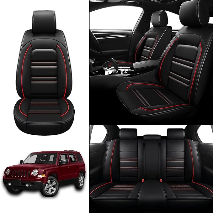 Seat Covers for JP Patriot 2009-2017 | 5-Seats Leather Seat Covers, Easy to Install Automotive Seat Covers Full Set (Full Set, Black&Red Line)