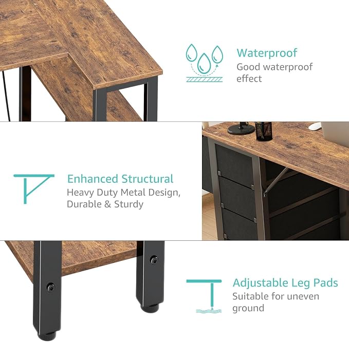 Lufeiya L Shaped Desk with Drawers & Storage Shelves, 47 Inch Small Reversible - Image 9