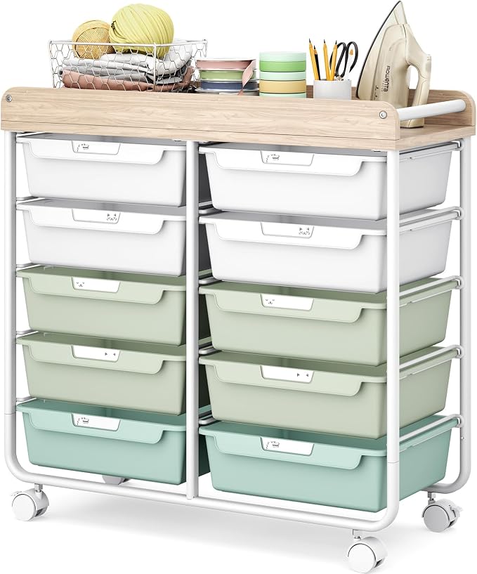 10 Drawers Rolling Cart with Wooden Tabletop, Utility Storage Cart with Wheels by APEXCHASER