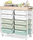 10 Drawers Rolling Cart with Wooden Tabletop, Utility Storage Cart with Wheels by APEXCHASER