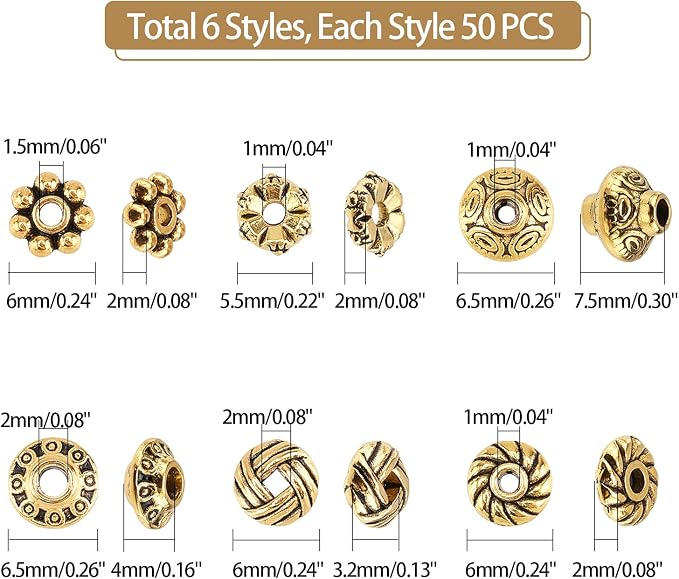 PH PandaHall 300pcs Spacer Beads 6 Style Antique Golden Tibetan Metal Jewelry - Image 4