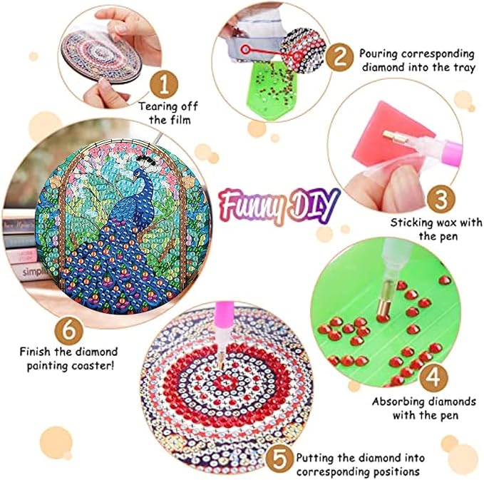 8 Pack Diamond Art Coasters, Peacock animals Diamond Painting Coasters Kits | - Image 3