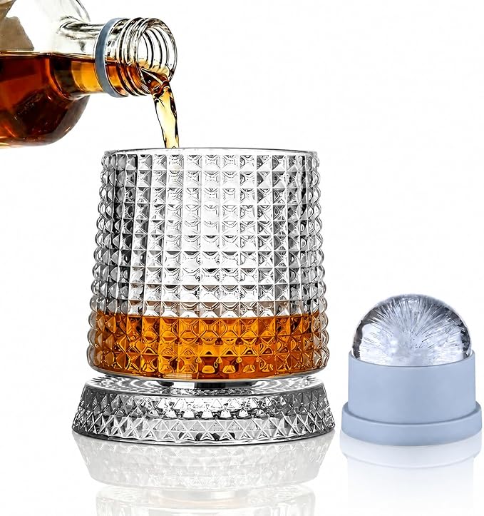 Rotating Whiskey Glass with Large Ice Ball Mold, Single Spinning Crystal by UNOD