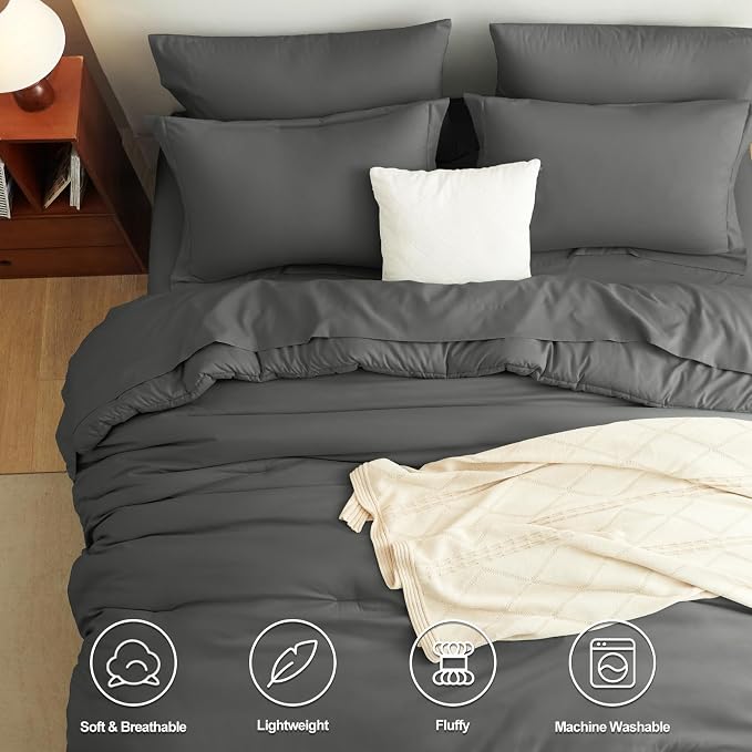 CozyLux Queen Comforter Set Dark Grey, 7 Pieces Bed in a Bag Queen Comforter Set - Image 2
