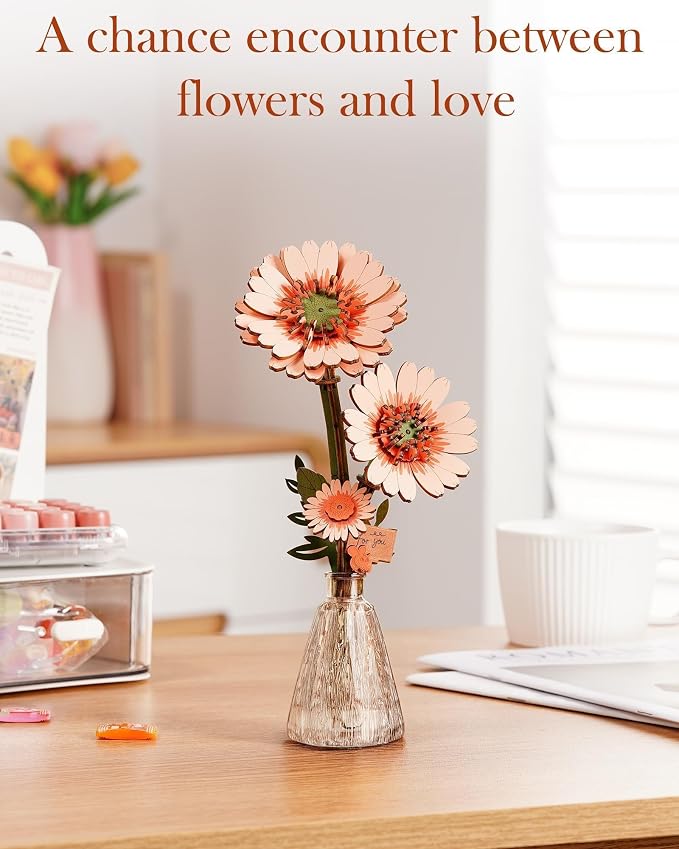 3D Flower Wooden Puzzles for Adults-Gerbera Daisy, DIY Wooden Flowers Model Kit - Image 5