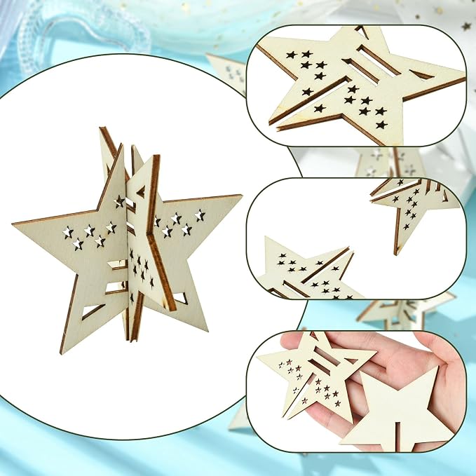 20 pcs 4 Styles Lovely Star Theme Unfinished Wood Cutout Charms 4th of July - Image 3