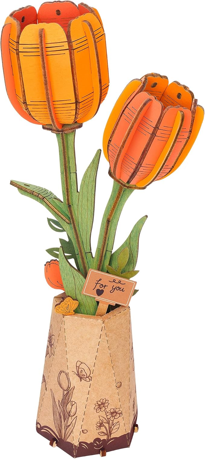 rowood Orange Tulip Wooden Flower, DIY Artifical Flower Building Set Craft Kit by RowoodAssembleArtDecorateLife